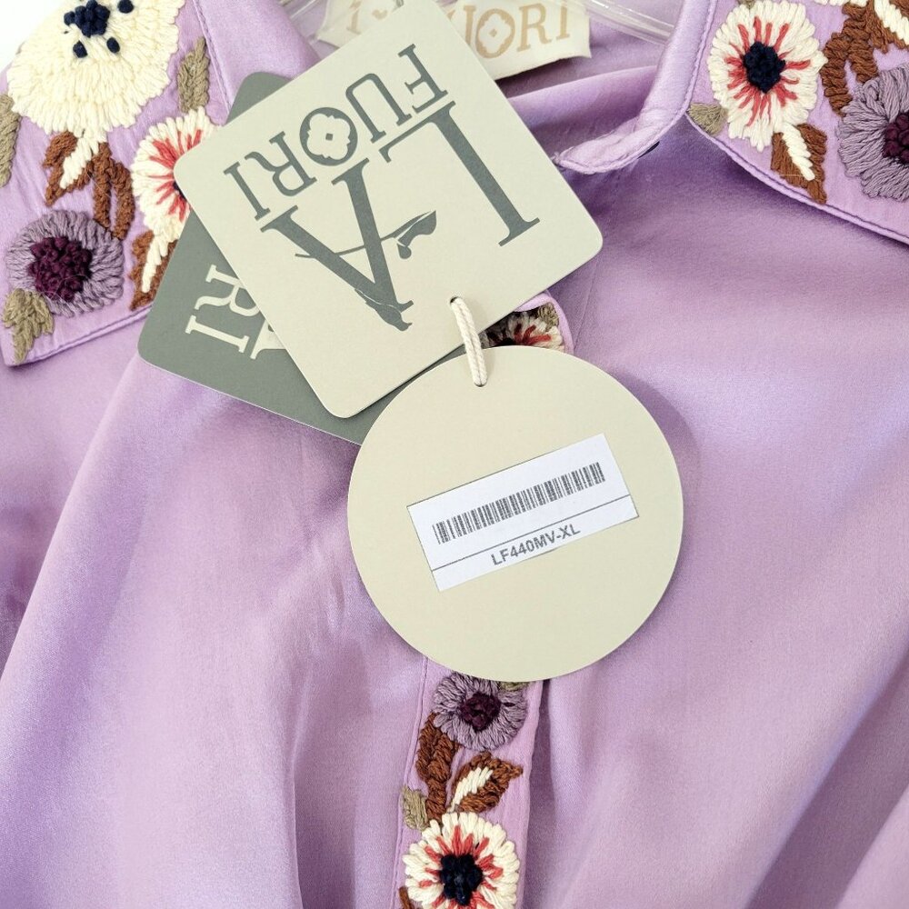 La Fuori Lavender Silk Embroidered Floral Shirt Women's XL with Original Tags - Picture 4 of 9